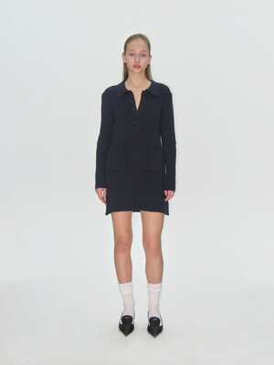 KNIT COLLAR DRESS, NAVY