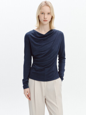 Cowl-neck Draped T-blouse NAVY