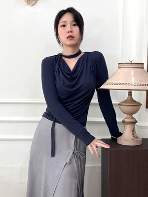 Cowl-neck Draped T-blouse NAVY