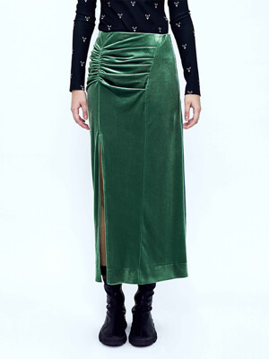 Velvet Draped Slit Long Skirt _ Green