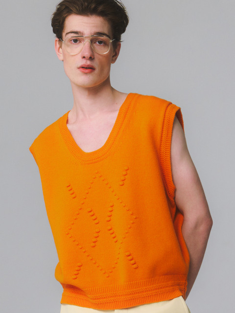 니트 - 문선 (MOONSUN) - UNISEX, Pompom Argyle Knit Vest / Orange
