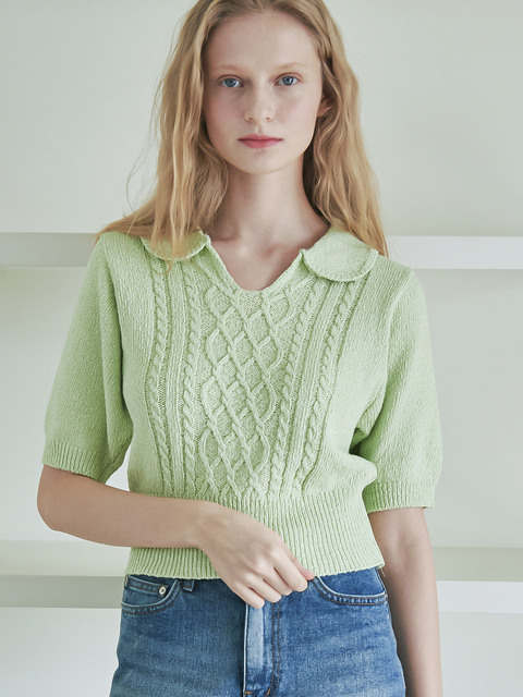 니트 - 론론 (RONRON) - COLLAR SLUB COTTON FISHERMAN SHORT KNIT SOFT GREEN