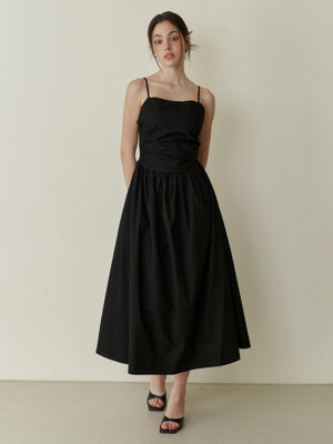 Pure semi shirring long dress - black