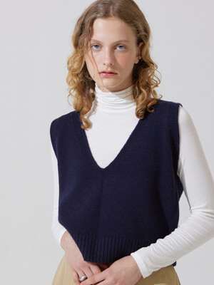Carot soft deep v neck knit vest - navy
