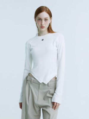 GAUDI Neck Point Embroidered Unbalance Hem Top_White