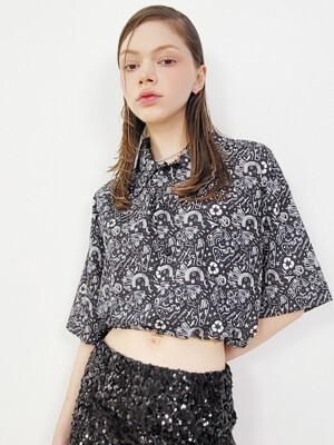 [RECYCLE POLYESTER] GRAPHIC PULLOVER SHORT-SLEEVED STRING SHIRT_BLACK