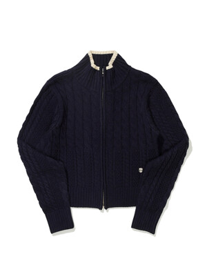 (W) CABLE CROP HIGH-NECK KNIT ZIP UP NAVY