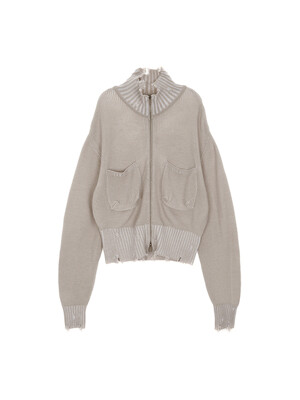 COLOR RIBBED HIGH NECK ZIP UP IN BEIGE