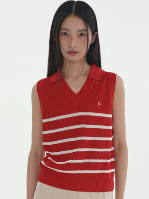 [24SS clove] Collared Stripe Sleeveless Knit (Red)