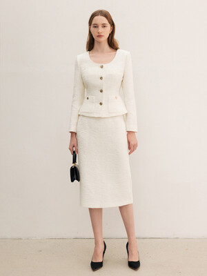 [SET]BENJAMIN U-neck tweed jacket + RAVEN H-line tweed midi skirt (Ivory/Navy)