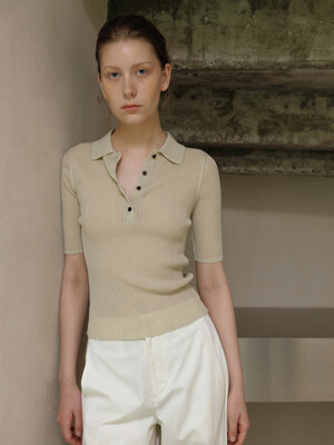 LINEN BLEND SHEER POLO KNIT TOP