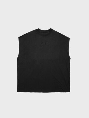 GLOSSY LETTERING MUSCLE SLEEVELESS T-SHIRTS IN BLACK