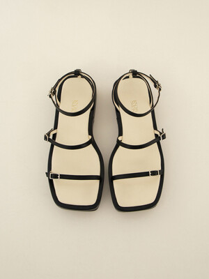 Leather Strap Wedge Sandals Black