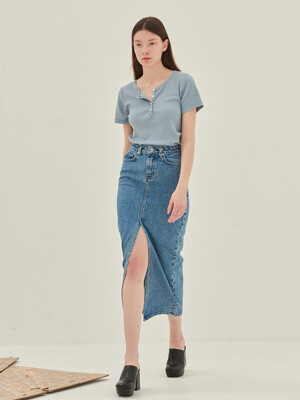 Slit Denim Skirt Blue