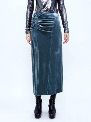 Velvet Draped Slit Long Skirt _ Blue Grey