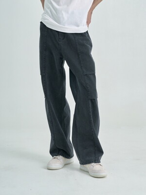 Tuck Wide Denim Pants (Washed Black)