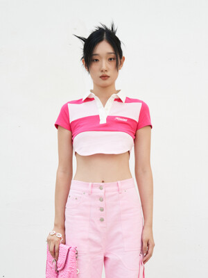 핑크 스트라이프 숏 피케 셔츠
