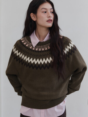 CREW NECK NORDIC KNIT_KHAKI BROWN