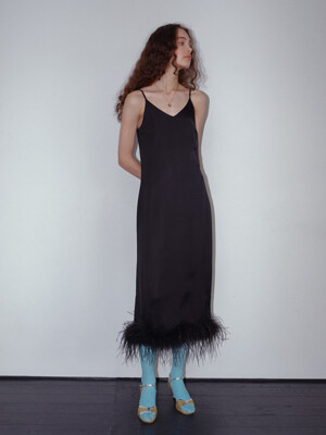 Luz Ostrich Hair Slip Dress / Black