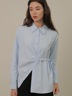 Unbalance Strap Cotton Shirt (Sky blue)