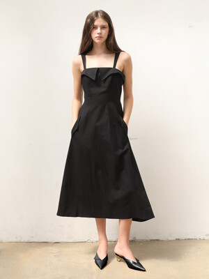 Jewel Arch Strap Midi Dress_Linen Black