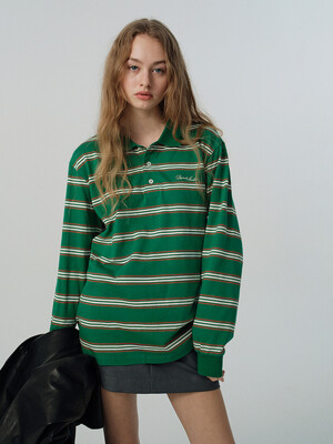 UNISEX MULTI STRIPE COLLARED T-SHIRT GREEN STRIPE_UDTS5A109E2