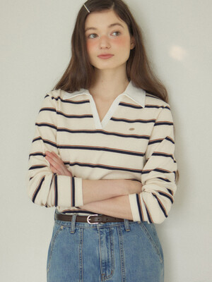 Stripe Open Collar Long-Sleeve T-shirt - Ivory