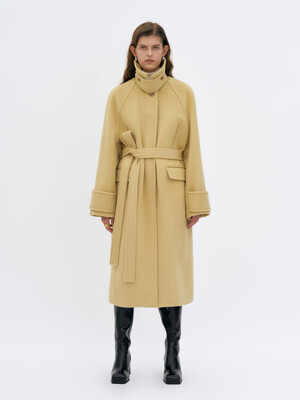 OVERSIZED CASHMERE-WOOL BLEND MAXI COAT WITH FUNNEL-NECK - LEMON BUTTER