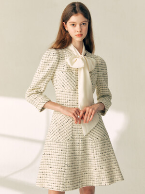 SABRINA Round neck flared tweed wool dress (Ivory/Black)