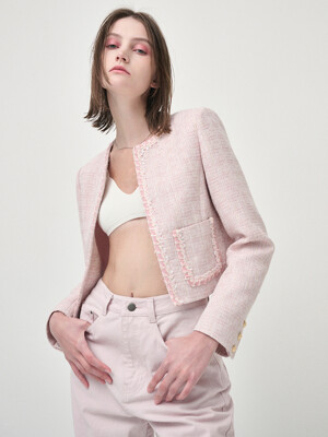 Trimmed Hook Tweed Jacket, Pink