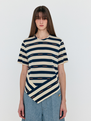 WAVE Asymmetric Paneled T-Shirt - Navy/Beige Stripe