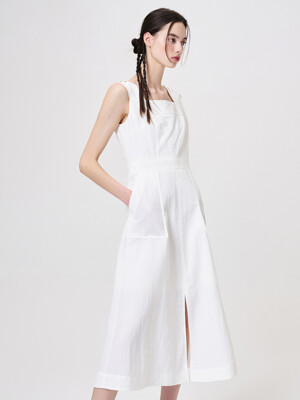 Shoulder Button Sleeveless Dress, White