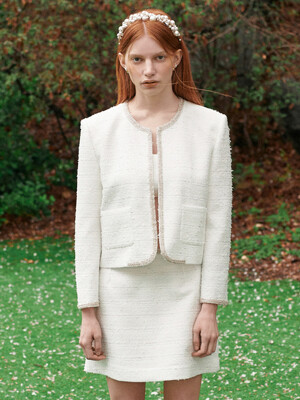 EJnolee White Flame_ Beads-Trim Tweed Mini Skirt