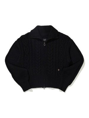 (W) CABLE HIGH GUAGE KNIT ZIP UP BLACK