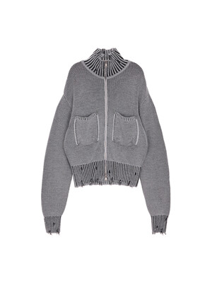 COLOR RIBBED HIGH NECK ZIP UP IN LIGHT GREY