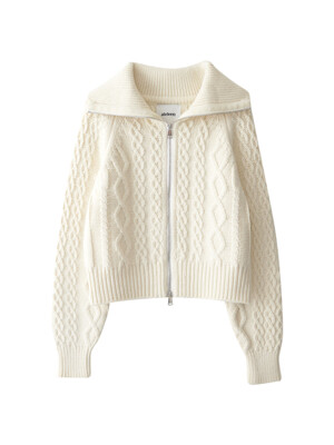 Big Collar Cable Zip-Up Knit Cardigan (Ivory)