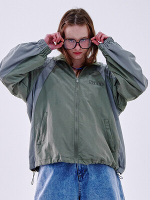 Stitched overfit color combination windbreaker zip-up jacket jumper [light khaki]