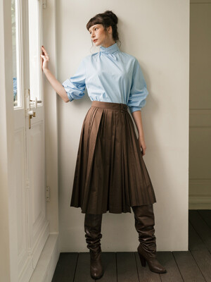 Side accordian unbalanced pleats skirt - brown