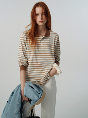 UNISEX MULTI STRIPE COLLARED T-SHIRT BEIGE STRIPE_UDTS5A109I2