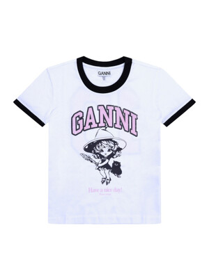 GANNI T4156 151 마녀 로고 프린트 콘트라스트 여성 반팔티