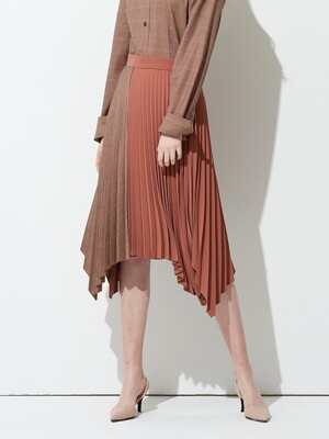 CHECK MIX PLEATS SKIRT CAMEL