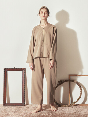 COZY V-NECK PAJAMA SET_Beige