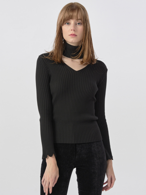 [22FW] Bell Sleeves V-neck Pollar Knit Top - Black