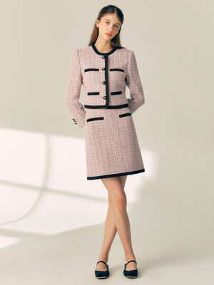 [SET]MAMIE Combination wool short jacket + BIANA Combination A-line wool skirt (Pink&Black)