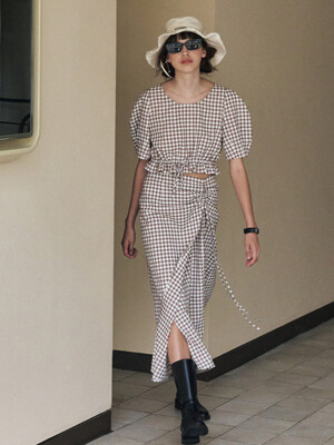23 Summer_ Brown Gingham Check String Skirt