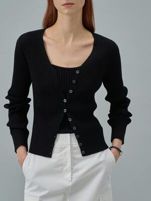 V-neck Ribbed Cardigan[LMBDSPKN234]-Black