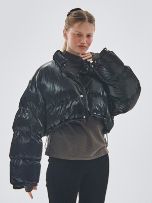 High-neck glossy cropped string puffer padded jacket [glossy black]