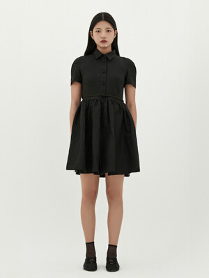 Linen Short Half Sleeve Dress - Black