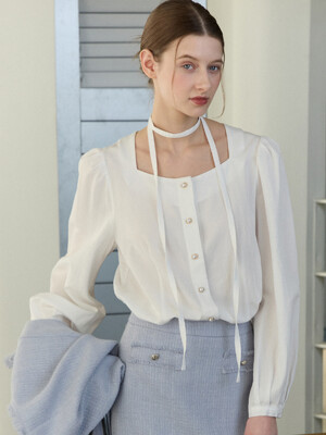Ribbon Tie Square Neck Blouse - White