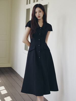 ODELIA Pointed collar capsleeve flared long dress (Off white/Pale pink/Black)